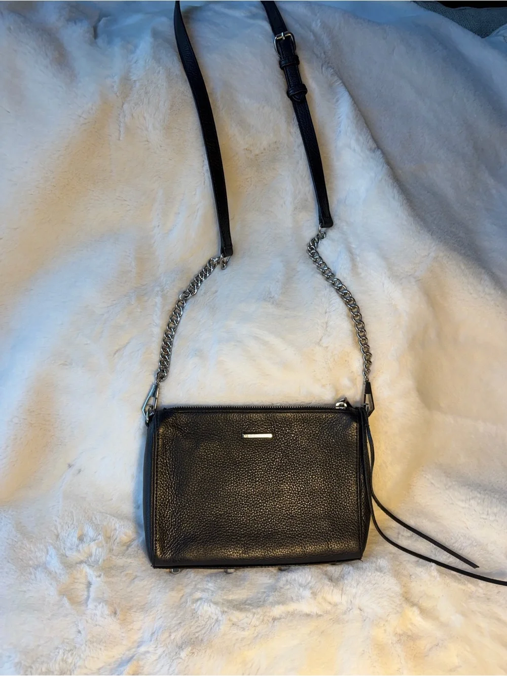 Rebecca Minkoff Black Pebbled Leather Moto Crossbody with Chain Strap